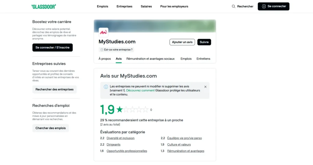 Avis MyStudies sur Glassdoor