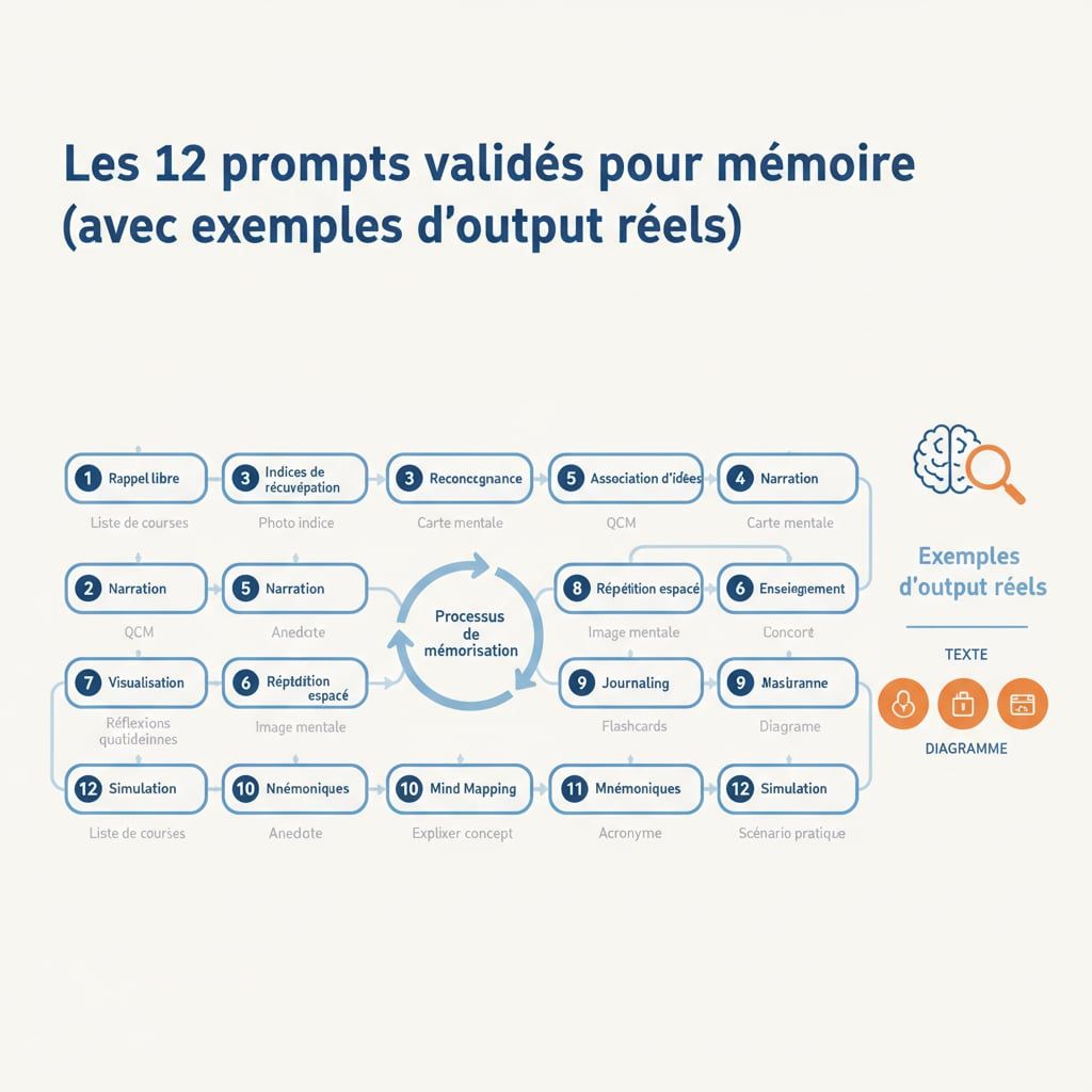 Les 12 prompts validés pour mémoire (avec exemples d'output réels)