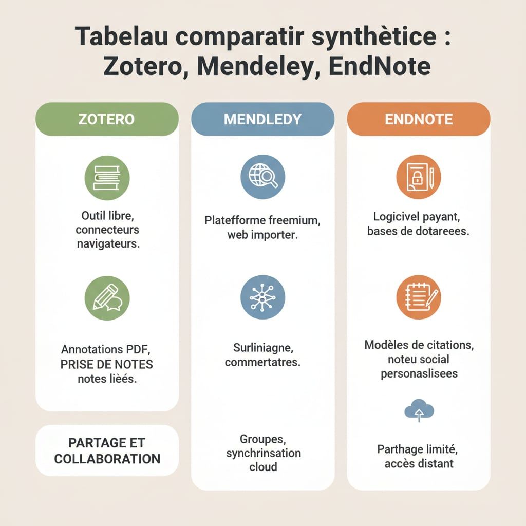 Tableau comparatif synthétique : Zotero, Mendeley, EndNote